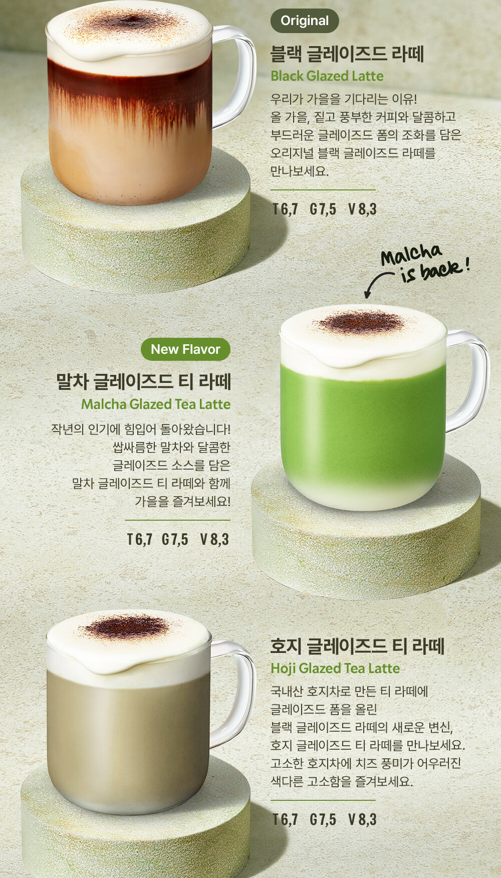 블랙 글레이즈드 라떼 / 말차 글레이즈드 티 라떼 / 호지 글레이즈드 티 라떼